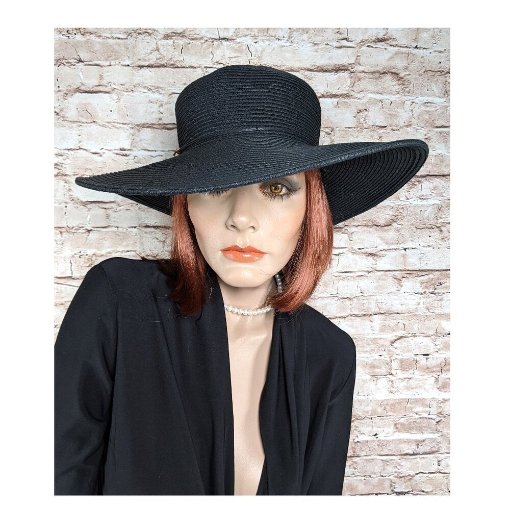 Croft & Barrow Sun Hat Black 4” Wide Brim Beaded Band Packable Woven NWOT